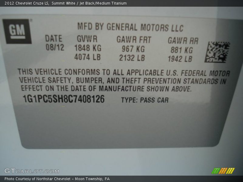 Summit White / Jet Black/Medium Titanium 2012 Chevrolet Cruze LS