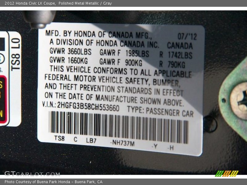 Polished Metal Metallic / Gray 2012 Honda Civic LX Coupe