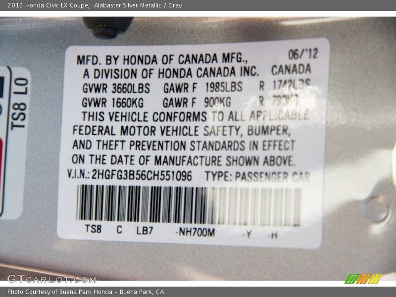 Alabaster Silver Metallic / Gray 2012 Honda Civic LX Coupe
