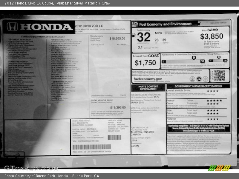 Alabaster Silver Metallic / Gray 2012 Honda Civic LX Coupe