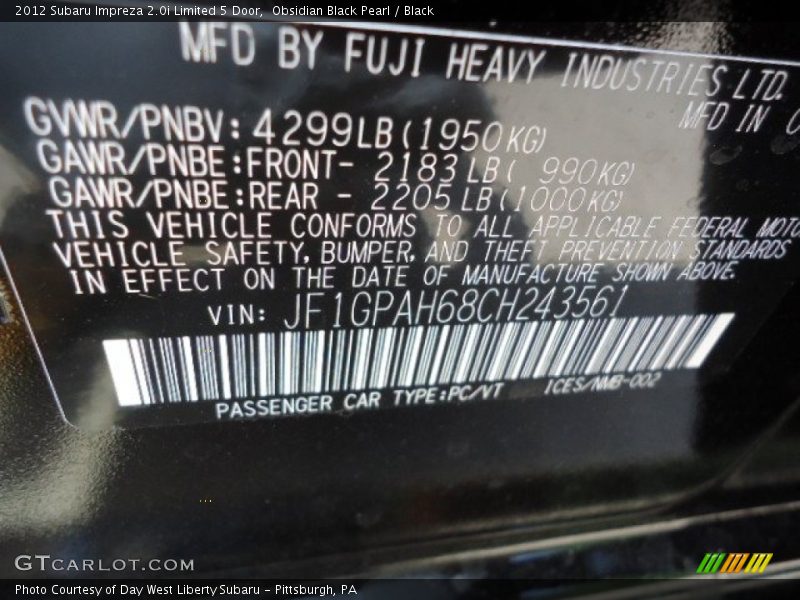 Obsidian Black Pearl / Black 2012 Subaru Impreza 2.0i Limited 5 Door