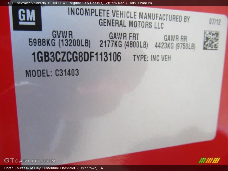 Victory Red / Dark Titanium 2013 Chevrolet Silverado 3500HD WT Regular Cab Chassis