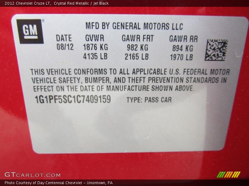 Crystal Red Metallic / Jet Black 2012 Chevrolet Cruze LT