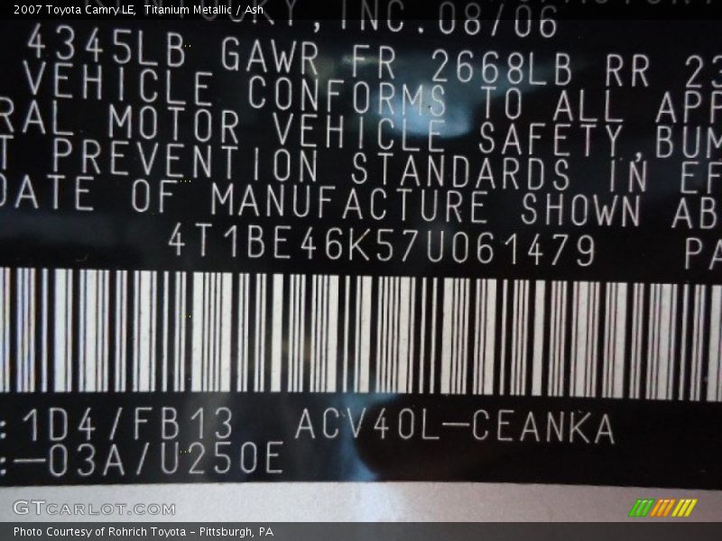 Titanium Metallic / Ash 2007 Toyota Camry LE