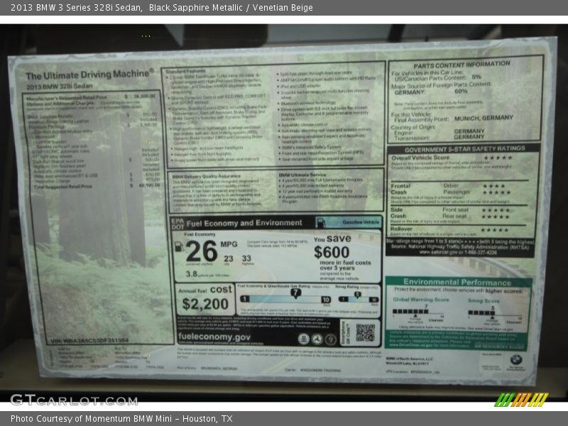  2013 3 Series 328i Sedan Window Sticker