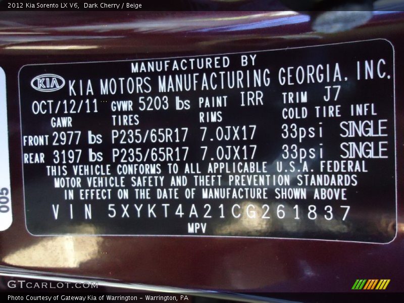 Dark Cherry / Beige 2012 Kia Sorento LX V6