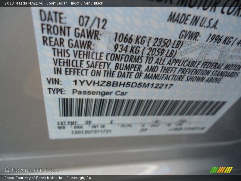 Ingot Silver / Black 2013 Mazda MAZDA6 i Sport Sedan