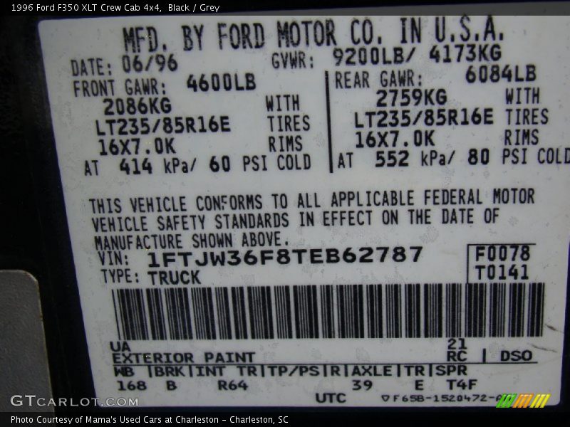 1996 F350 XLT Crew Cab 4x4 Black Color Code UA