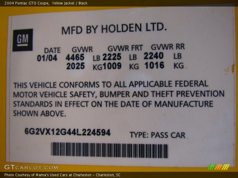 Info Tag of 2004 GTO Coupe