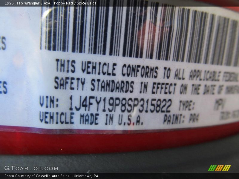 1995 Wrangler S 4x4 Poppy Red Color Code PR4