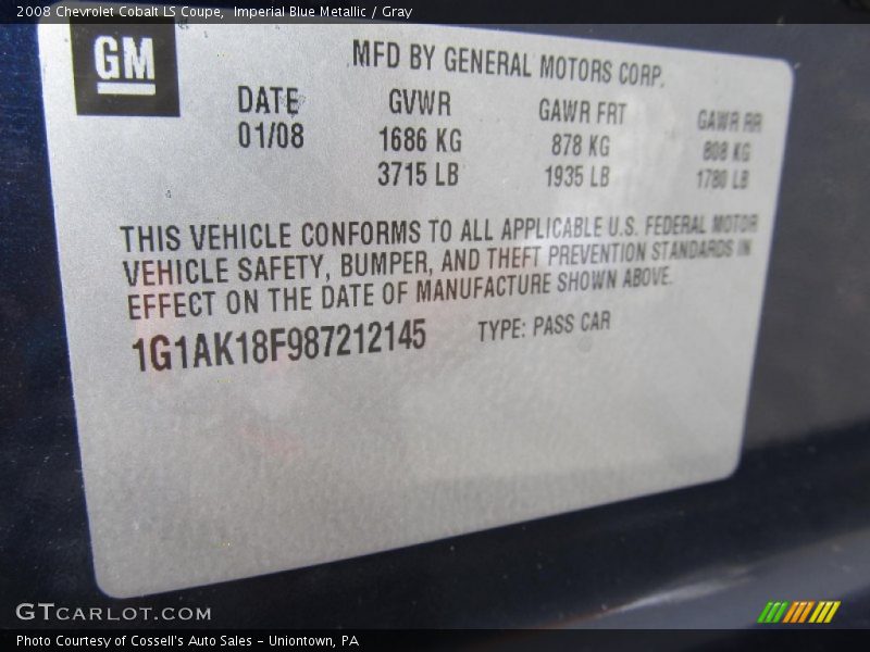 Imperial Blue Metallic / Gray 2008 Chevrolet Cobalt LS Coupe