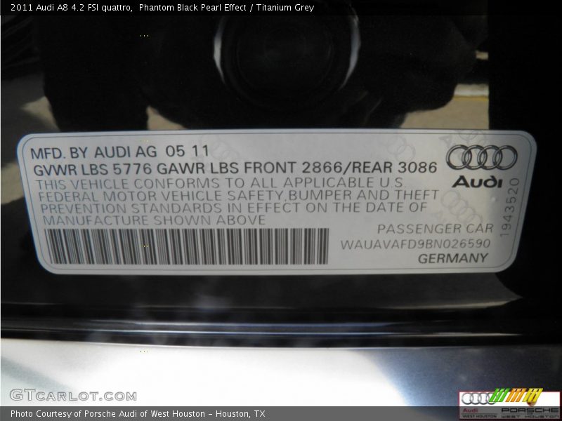 Phantom Black Pearl Effect / Titanium Grey 2011 Audi A8 4.2 FSI quattro