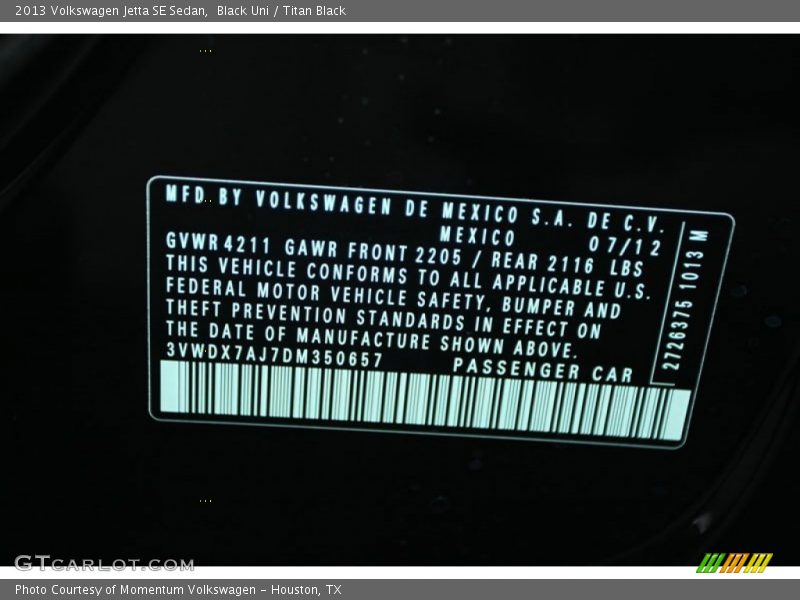 Black Uni / Titan Black 2013 Volkswagen Jetta SE Sedan