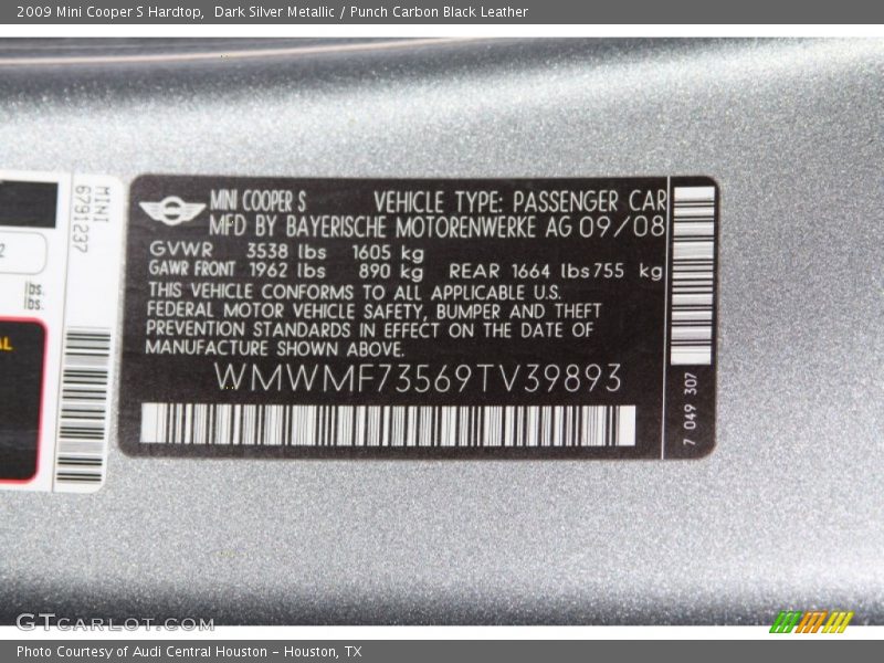 Dark Silver Metallic / Punch Carbon Black Leather 2009 Mini Cooper S Hardtop