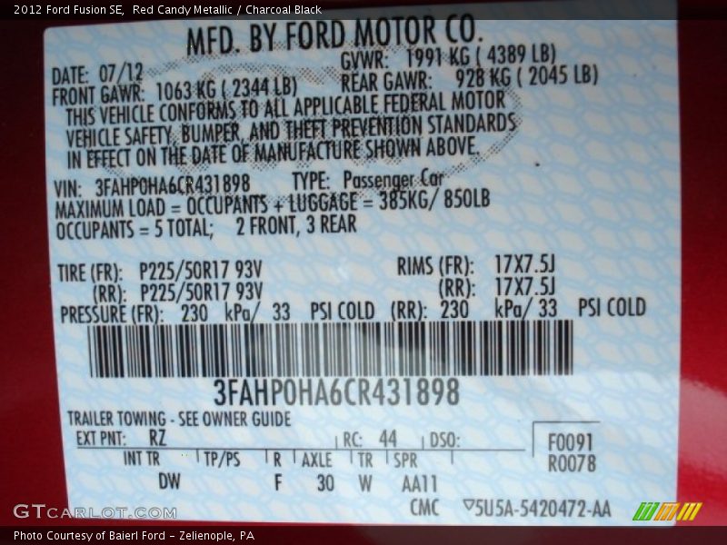 Red Candy Metallic / Charcoal Black 2012 Ford Fusion SE