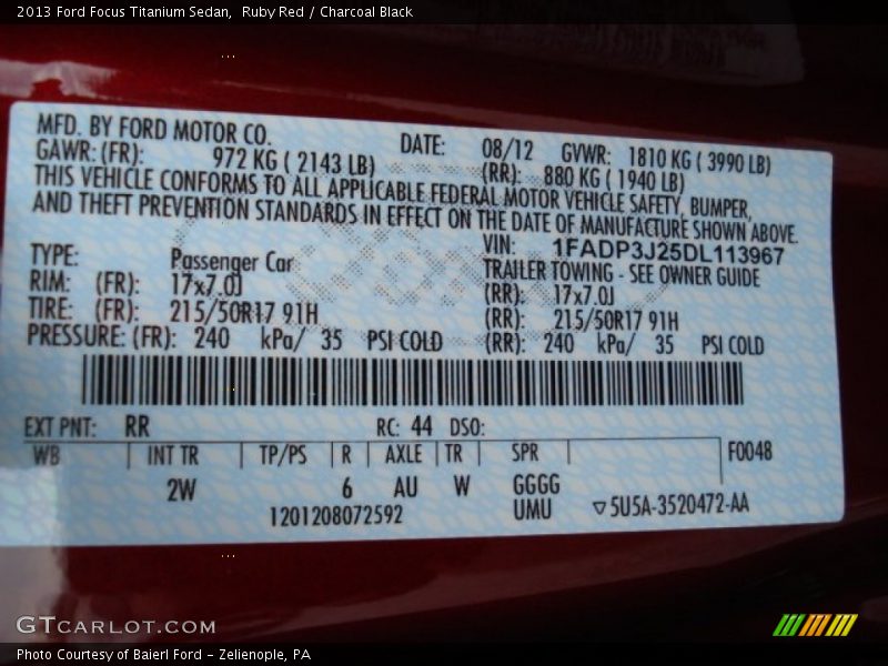 2013 Focus Titanium Sedan Ruby Red Color Code RR