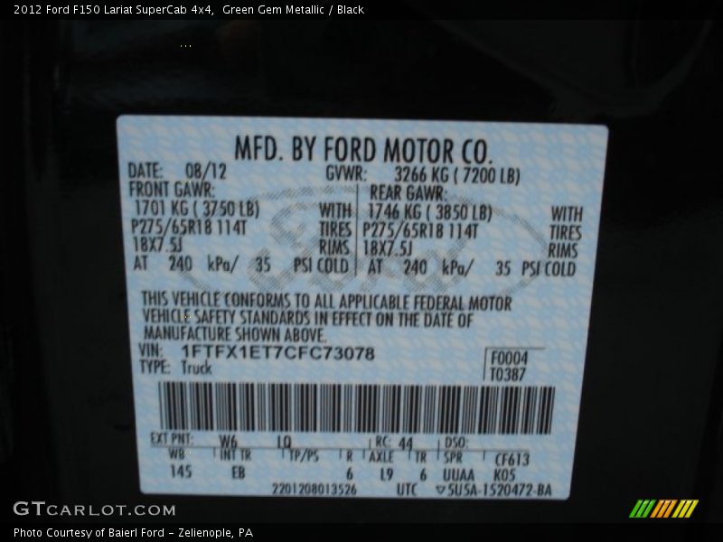 Green Gem Metallic / Black 2012 Ford F150 Lariat SuperCab 4x4