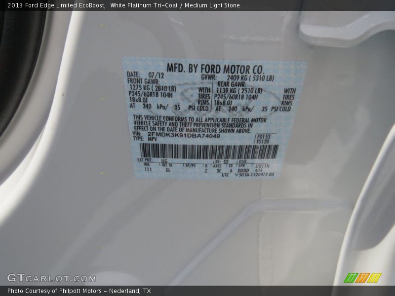 2013 Edge Limited EcoBoost White Platinum Tri-Coat Color Code UG