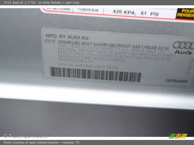 Ice Silver Metallic / Light Gray 2013 Audi A3 2.0 TDI