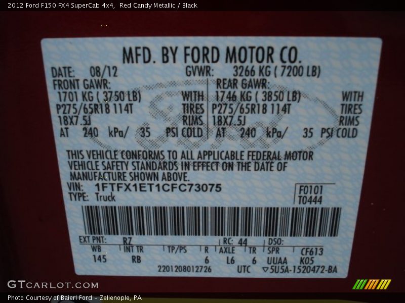 2012 F150 FX4 SuperCab 4x4 Red Candy Metallic Color Code RZ