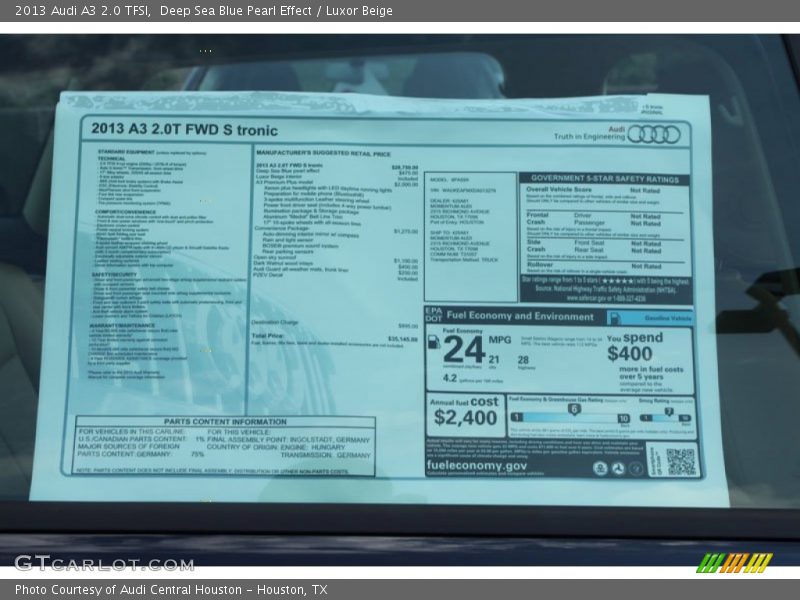  2013 A3 2.0 TFSI Window Sticker
