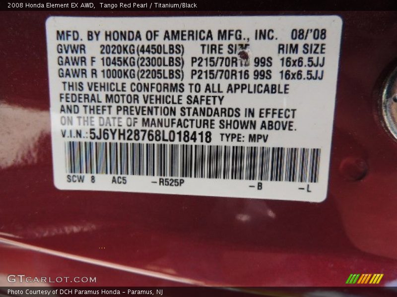 Tango Red Pearl / Titanium/Black 2008 Honda Element EX AWD