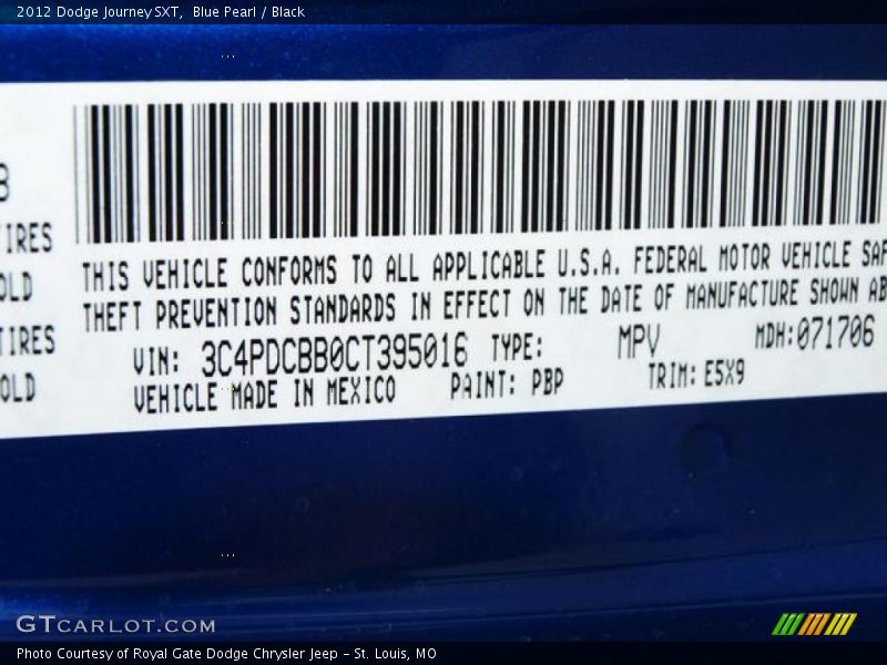 Blue Pearl / Black 2012 Dodge Journey SXT