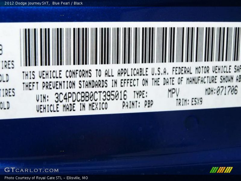 Blue Pearl / Black 2012 Dodge Journey SXT