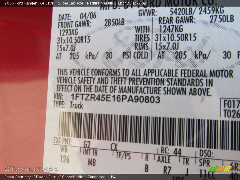 2006 Ranger FX4 Level II SuperCab 4x4 Redfire Metallic Color Code G2