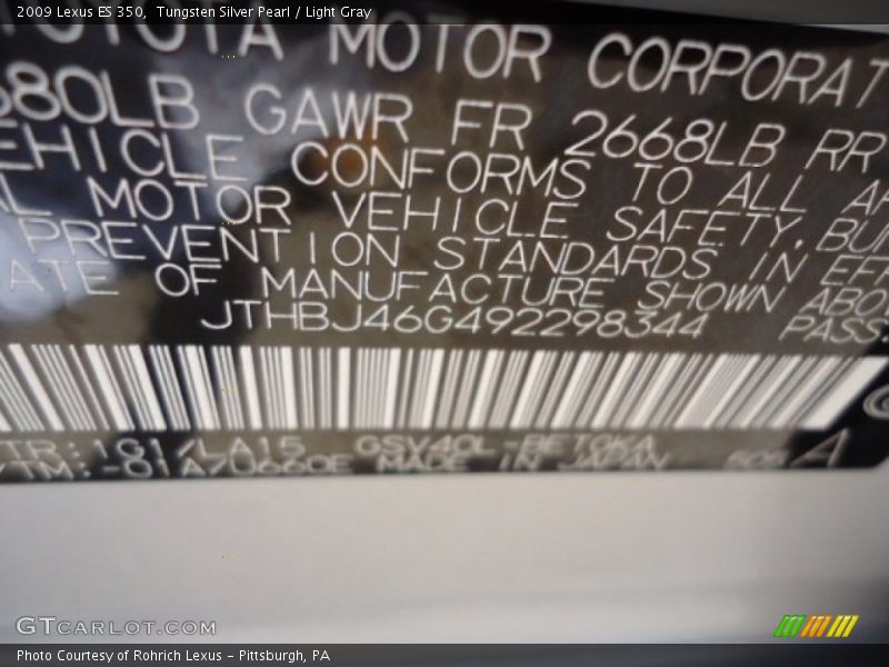 Tungsten Silver Pearl / Light Gray 2009 Lexus ES 350