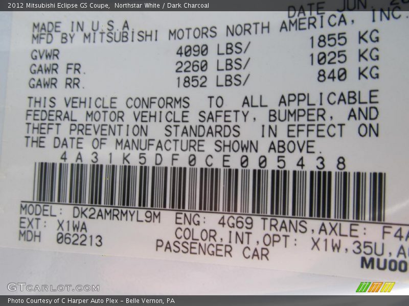 Northstar White / Dark Charcoal 2012 Mitsubishi Eclipse GS Coupe