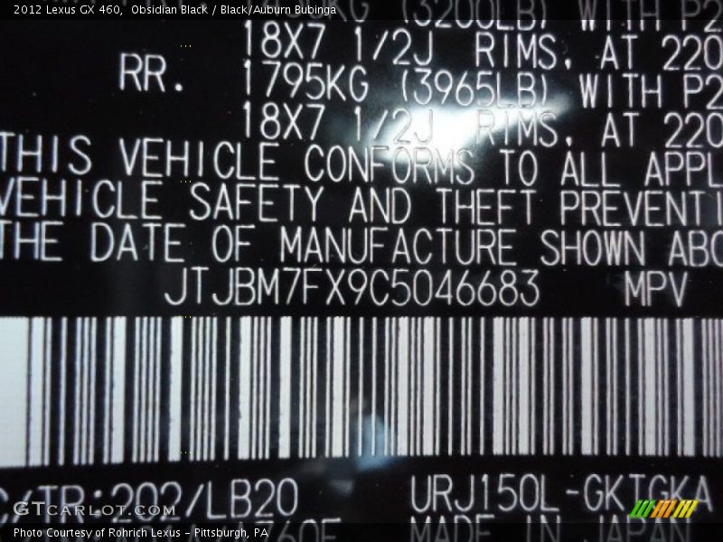 Obsidian Black / Black/Auburn Bubinga 2012 Lexus GX 460