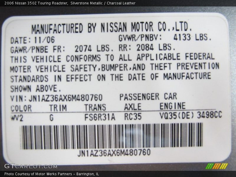 2006 350Z Touring Roadster Silverstone Metallic Color Code WV2