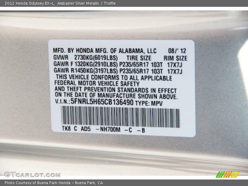 Alabaster Silver Metallic / Truffle 2012 Honda Odyssey EX-L