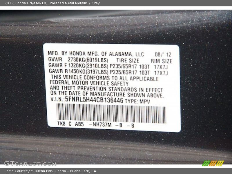 Polished Metal Metallic / Gray 2012 Honda Odyssey EX
