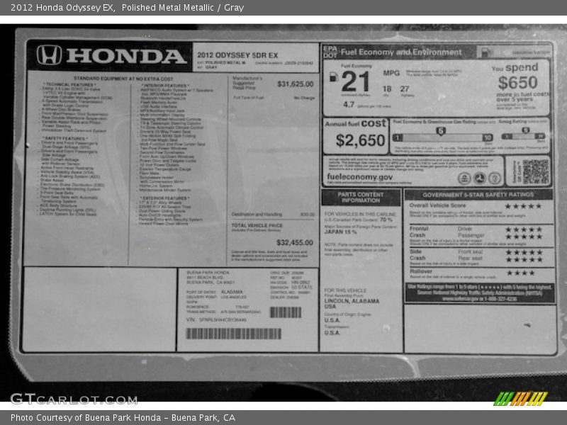 Polished Metal Metallic / Gray 2012 Honda Odyssey EX