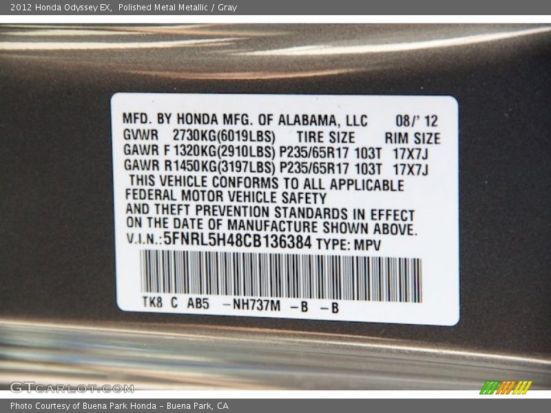 Polished Metal Metallic / Gray 2012 Honda Odyssey EX