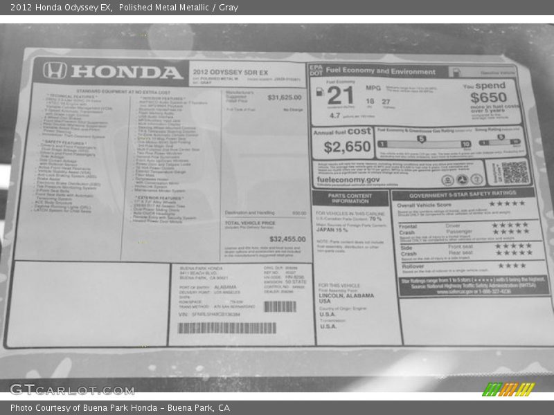 Polished Metal Metallic / Gray 2012 Honda Odyssey EX