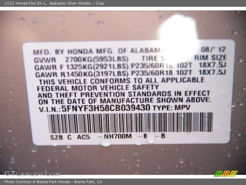 Alabaster Silver Metallic / Gray 2012 Honda Pilot EX-L