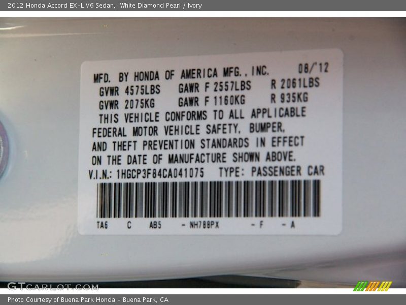 White Diamond Pearl / Ivory 2012 Honda Accord EX-L V6 Sedan