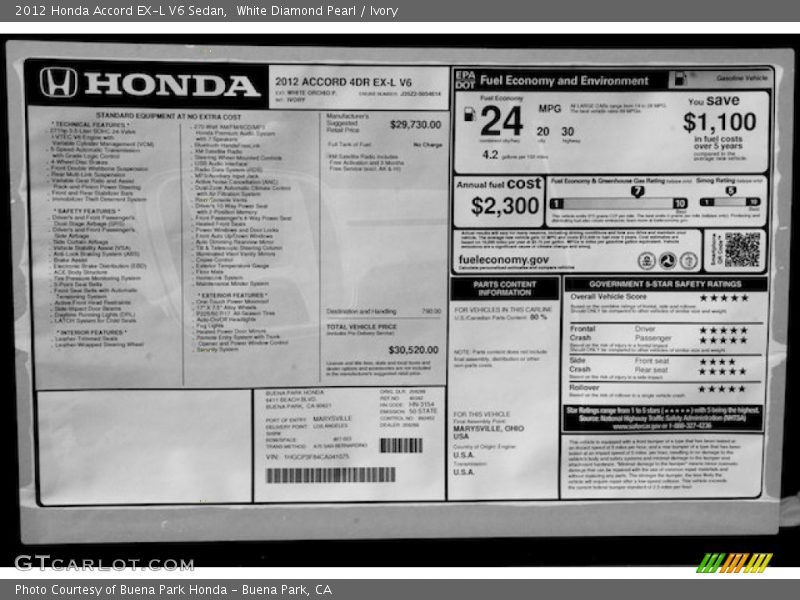 White Diamond Pearl / Ivory 2012 Honda Accord EX-L V6 Sedan