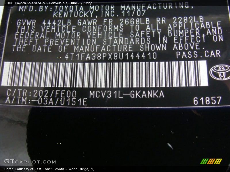 2008 Solara SE V6 Convertible Black Color Code 202