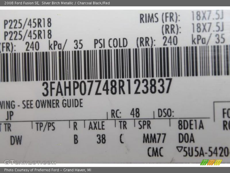 Silver Birch Metallic / Charcoal Black/Red 2008 Ford Fusion SE