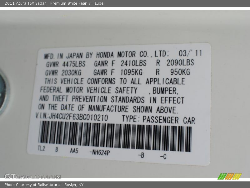 Premium White Pearl / Taupe 2011 Acura TSX Sedan