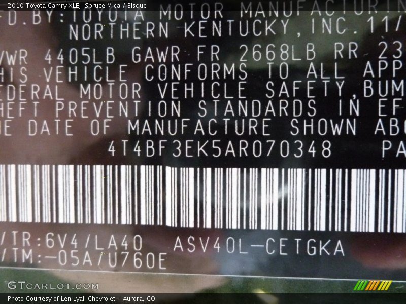 2010 Camry XLE Spruce Mica Color Code 6V4