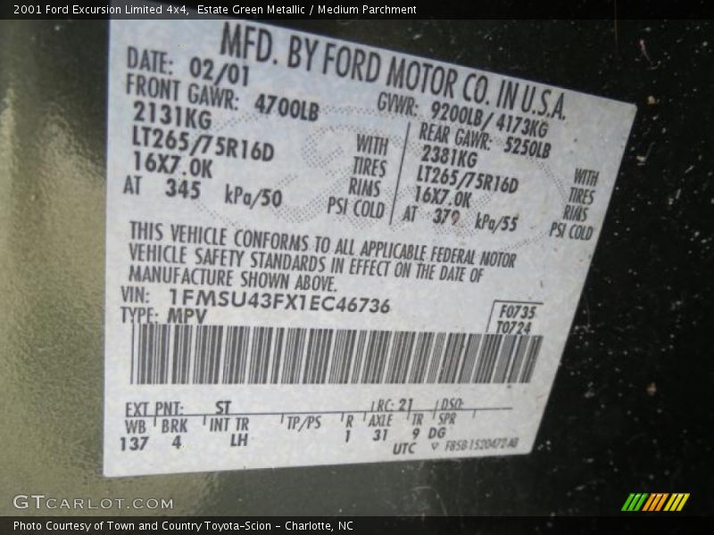 2001 Excursion Limited 4x4 Estate Green Metallic Color Code ST