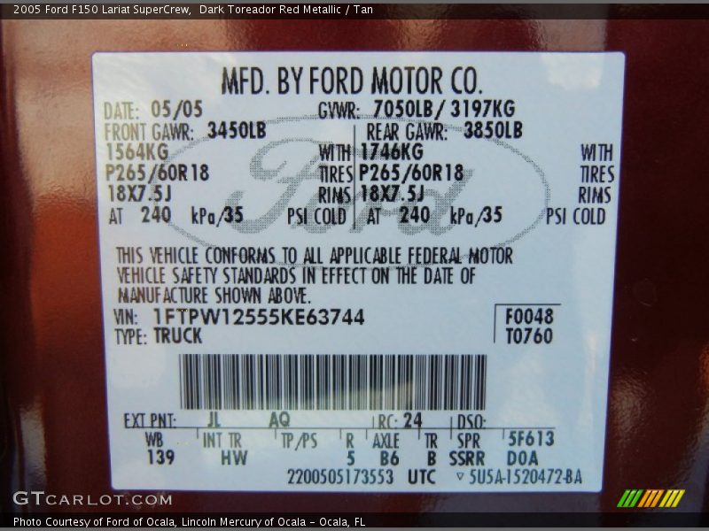 Dark Toreador Red Metallic / Tan 2005 Ford F150 Lariat SuperCrew