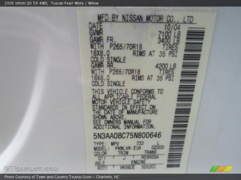 Tuscan Pearl White / Willow 2005 Infiniti QX 56 4WD