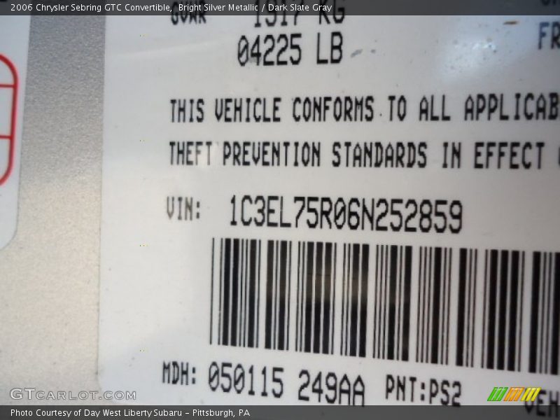 Bright Silver Metallic / Dark Slate Gray 2006 Chrysler Sebring GTC Convertible