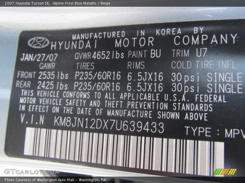 2007 Tucson SE Alpine Frost Blue Metallic Color Code BU